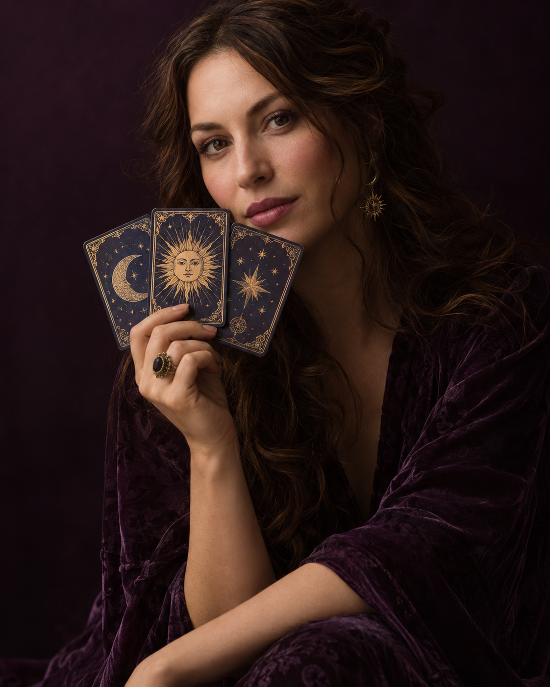 Frau mit Tarotkarten vor einem tiefvioletten Hintergrund
